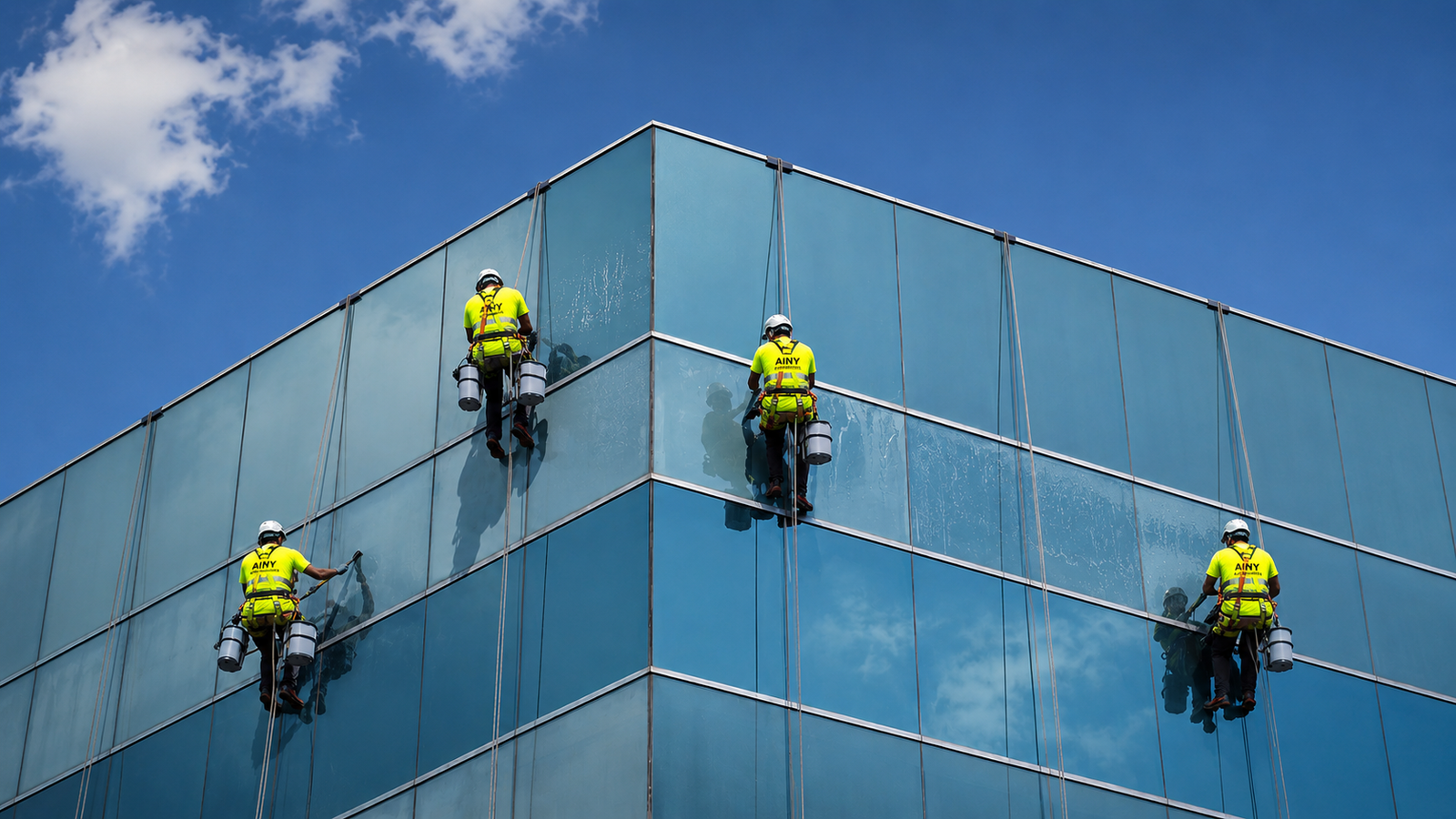 Ainy crew cleaning glass facade at height