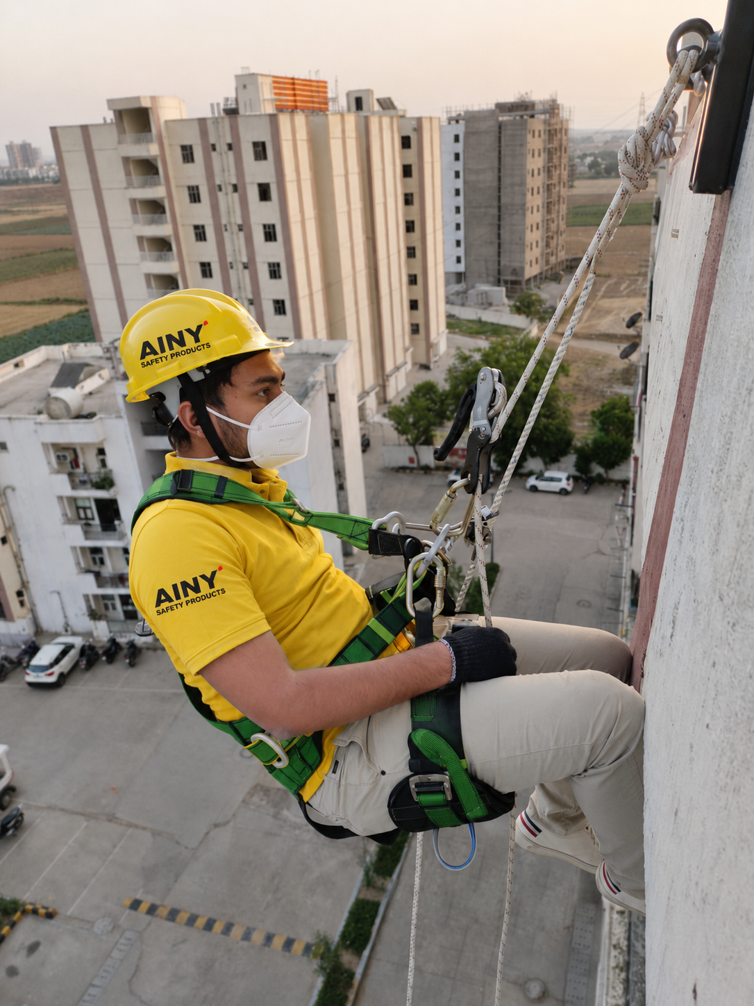 Ainy Safety Products crew member on rope access harness